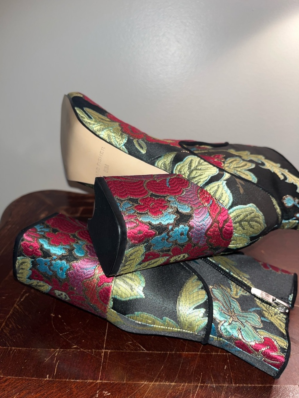 Marc Fisher Black Ankle Boots with Red Floral Embroidery - Picture 7 of 10